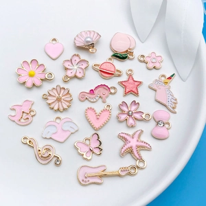 Pink Enamel Cartoon Alloy Pendants Set For DIY Jewelry Making Bracelet Unicorn Flower Heart Musical Note Guitar Charm
