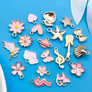 Pink enamel cartoon charms set with unicorn and floral alloy pendants for DIY jewelry