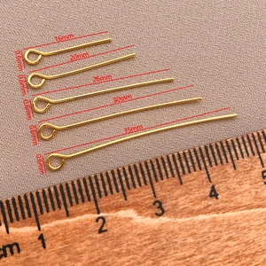 Detailed size comparison of 18K gold plated eye pins in 16mm to 35mm lengths