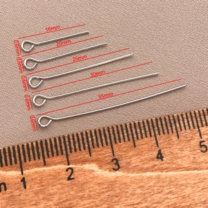Detailed comparison of 18K gold plated eye pins in five sizes from 16mm to 35mm