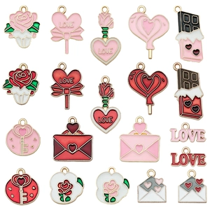 Colgantes de San Valentín Rosa Rojo Rosa Chocolate Amor Corazón Sobre Aleación Esmalte para Accesorios de Fabricación de Joyas DIY