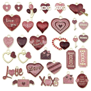 DIY pink and red enamel heart charms set with love designs for jewelry making