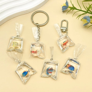 Creative resin goldfish water bag pendants with silver metal keychains for DIY jewelry