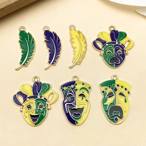 Retro Mardi Gras Mask Feather Pendants Enamel Zinc Alloy DIY Jewelry Making Accessories Purple Green Yellow Carnival Charms