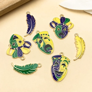 7Pcs Mardi Gras charms with colorful comedy masks and feathers for DIY jewelry making