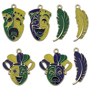 7-piece Mardi Gras themed enamel charms set with comedy tragedy masks and feathers