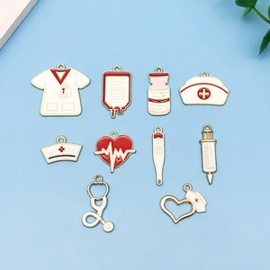 Enamel medical charms set featuring doctor coat stethoscope and thermometer for DIY jewelry