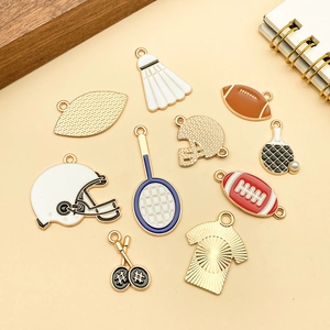 Enamel sports charms collection with football, basketball, and racquet for DIY jewelry making