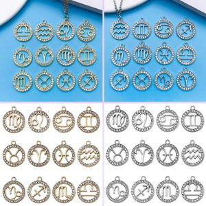 Round Hollow Zodiac Constellation Pendants Rhinestone Alloy Gold Silver Plated Charms For DIY Jewelry Making Accessories