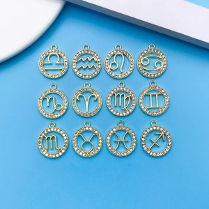 Set of 12 zodiac charms in gold finish with sparkling rhinestones for DIY jewelry making