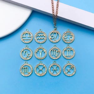 Zodiac sign round pendants in gold finish with sparkling crystals for DIY jewelry making
