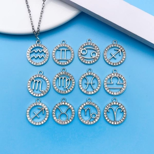 Set of 12 zodiac constellation pendants with sparkling rhinestones and silver necklace