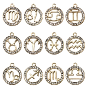 Set of 12 gold plated zodiac signs charms with white crystals for DIY jewelry making