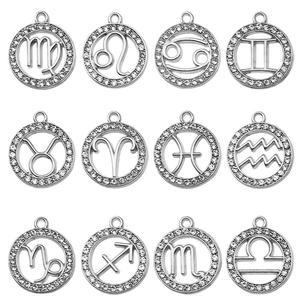Set of 12 zodiac charms with white rhinestones for DIY necklaces and bracelets