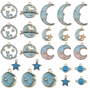 Set de dijes de aleación esmaltada azul luna estrella y gato para creación de joyería