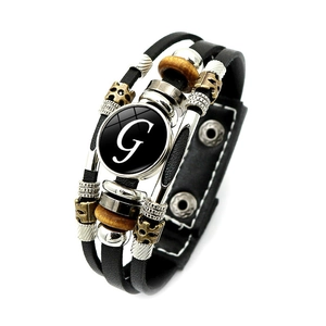 Retro punk meerlagige zwarte leren armband met glazen koepel en letter G bedeltje