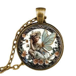 Collier avec pendentif fée ange en bronze vintage et dôme en verre d'elfe de la forêt
