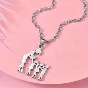 Detailed shot of mother and three children silhouette pendant on stainless steel chain