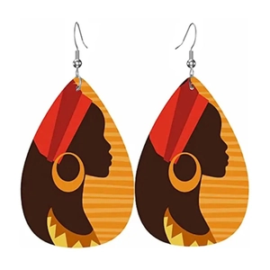 Ethnic teardrop earrings featuring African woman portrait in vibrant orange and warm tones
