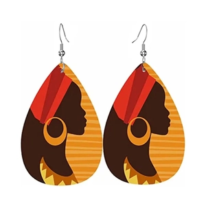 Acrylic teardrop earrings featuring African woman silhouette with red headband design