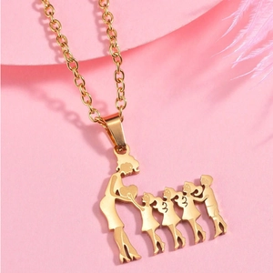 Golden stainless steel family pendant necklace featuring mother and four children silhouette