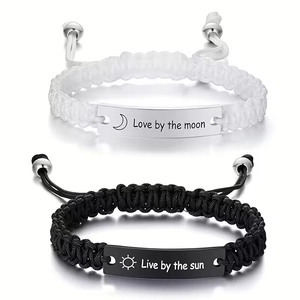 Braccialetti di Coppia Intrecciati a Mano in Acciaio Inossidabile Inciso Cuore Luna Sole Regolabili per Amanti Regalo di San Valentino