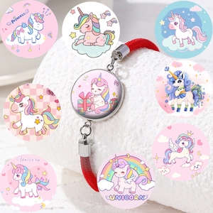 Handmade Red Braided Rope Bracelet For Girls Cute Cartoon Unicorn Glass Cabochon Charm Adjustable Jewelry Children Gift
