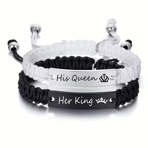 Bracciali di coppia intrecciati a mano in nero e bianco con incisione His Queen e Her King