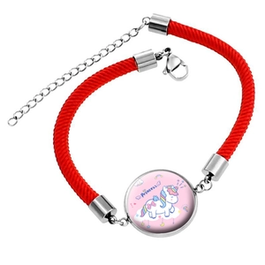 Cute cartoon unicorn glass gem charm bracelet with red braided rope and silver clasp