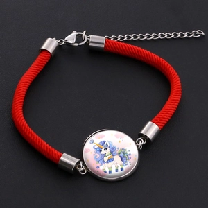 Cute unicorn braided rope bracelet with red cord and stainless steel glass gemstone charm