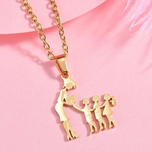 Detail of gold family silhouette necklace featuring a mother and three children on pink background