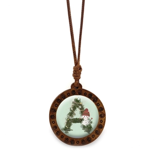 Collana vintage in legno con lettera A di Natale e pupazzo di neve su cordino marrone