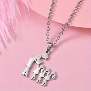 Silver stainless steel family necklace featuring mother and three daughters silhouette