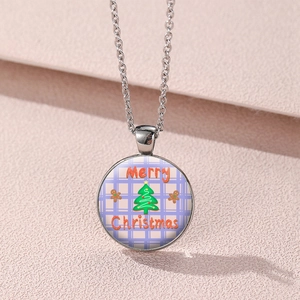Christmas tree time gem glass pendant necklace with Merry Christmas text on silver chain