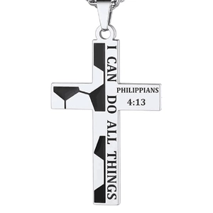 Colgante de cruz de acero inoxidable con textura de fútbol y versículo bíblico grabado