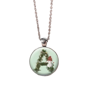 Christmas tree glass pendant necklace with letter A and snowman on a silver alloy chain