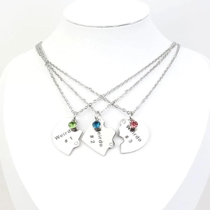 Three-piece heart puzzle necklaces for best friends with colorful rhinestones and engraving