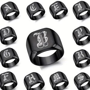 Chevalière Lettre Initiale Gothique Vintage Acier Inoxydable Noir Punk Carré Alphabet Bague pour Homme Bijoux Cadeau
