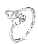 Detailed close-up of hollow heart and pet paw print design on adjustable silver ring