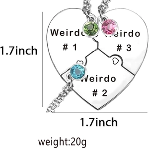 Three-piece silver heart puzzle necklace set with rhinestones and Best Friend engraving