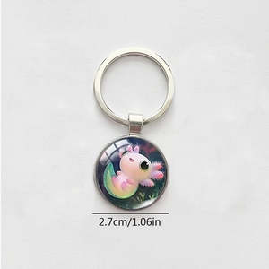 Porte-clés pendentif en verre cristal axolotl avec étiquette de mesure de 2,7 cm de diamètre