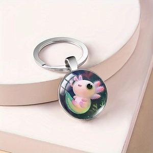 Porte-clés avec pendentif cabochon en verre axolotl rose mignon sur chaîne argentée