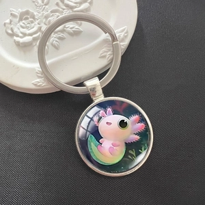 Mignon Axolotl en Verre Porte-clés Dessin Animé Pendentif Rond en Alliage d'Argent Anneau de Clé pour Femmes Filles Accessoires de Sac Cadeau