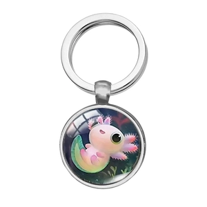 Porte-clés mignon avec pendentif en verre axolotl rose et anneau en métal argenté poli