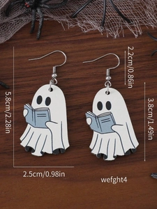 Dettagli degli orecchini a fantasma in acrilico con libro blu e misure su legno