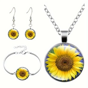 Collar con Cabujón de Vidrio de Girasol Vintage Pulsera Pendientes de Botón Aleación Moda Personalidad Accesorios Joyería Regalo para Mujer