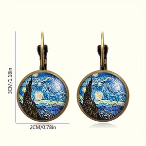 Orecchini pendenti vintage in bronzo con gemma in vetro Notte Stellata di Van Gogh
