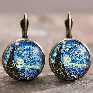 Orecchini retrò in bronzo con cupola in vetro e motivo Notte Stellata di Van Gogh