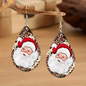 Boucles d'oreilles de Noël en acrylique goutte d'eau avec motif léopard et Père Noël