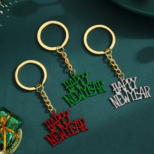 Happy New Year Metal Keychain Zinc Alloy Letter Hollow Out Pendant Keyring For Holiday Party Celebration Festive Gift